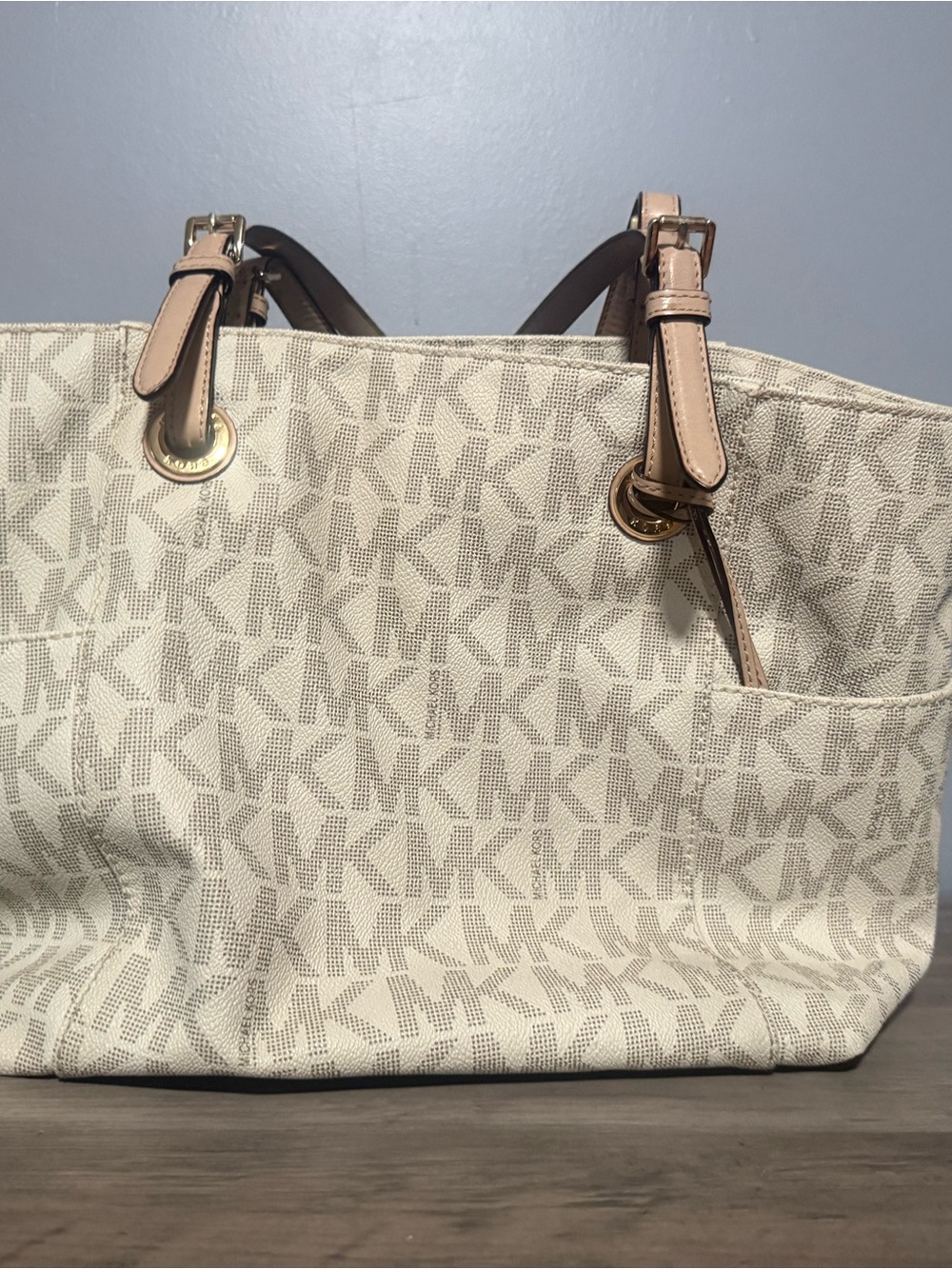 Michael Kors Beige and Cream Logo Tote with Leather Trim - Picture 2 of 4